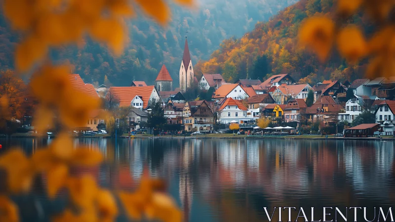 Lakeside European village with autumn foliage and church spire.