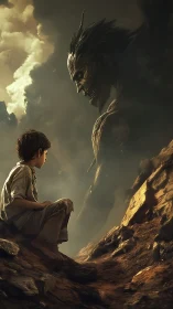 Boy seated on rocky slope facing towering creature.
