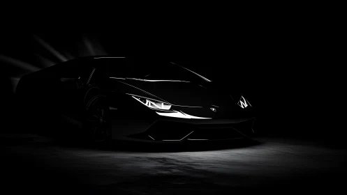 Low key side-front view shows black sports car in darkness