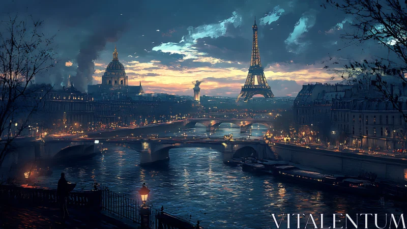 Evening lights over Parisian river bridges and quiet streets.