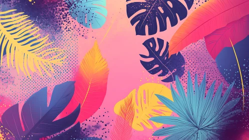 Tropical leaves float across a radiant neon gradient sky.