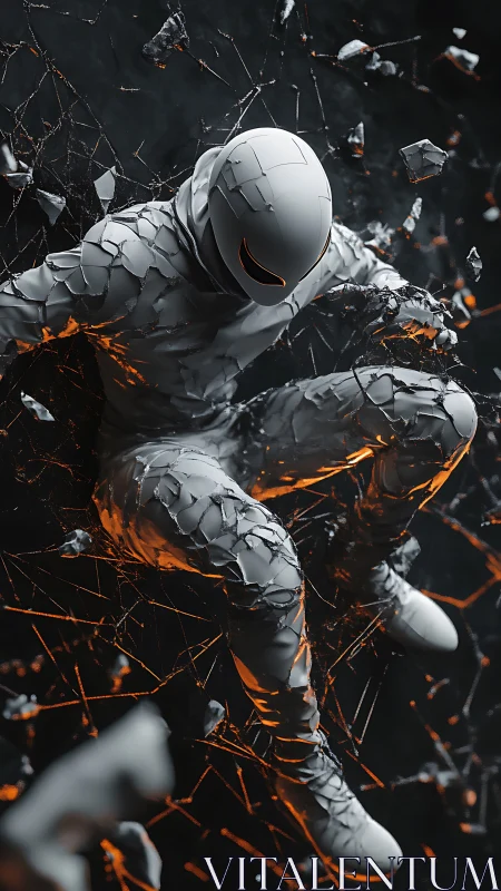 Shattered cyber warrior suspended in glowing fracture field.