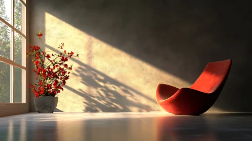 Parametric red lounge chair in hard-edged volumetric sunlight.