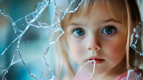 Child's Wonder Behind Shattered Glass. Fractured Reality.