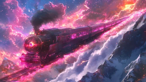 Celestial steam train cuts through luminous nebula sky.