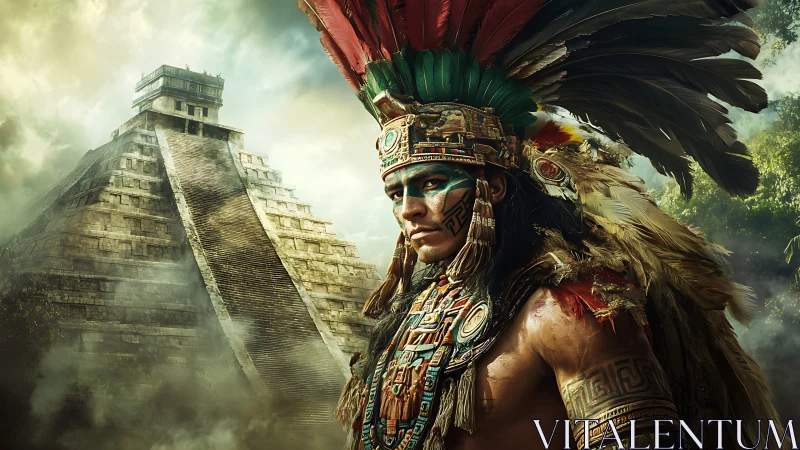 Proud warrior stands before ancient jungle pyramid in mist.
