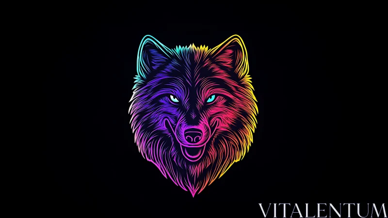 Neon wolf portrait glows with vibrant gradient light lines.
