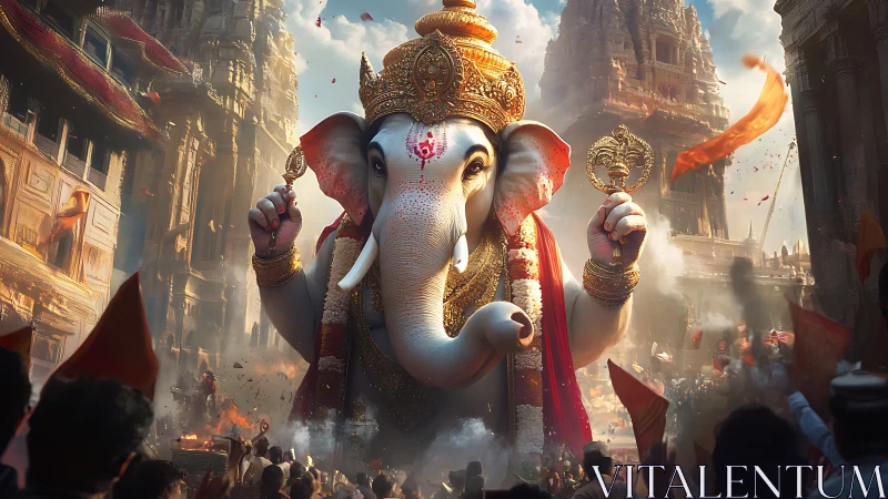 Majestic elephant deity towering over vibrant temple festival.