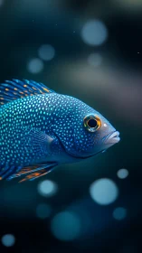 Iridescent blue reef fish in bokeh-lit deep aquatic scene.