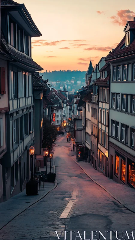 Narrow European street at dusk with leading lines and warm bokeh lighting