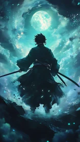 Moonlit dual-blade samurai silhouetted in ethereal teal vortex.