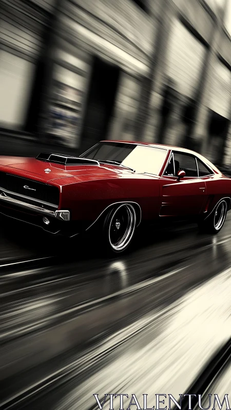 Crimson muscle car streaks through rain-glossed urban canyon.