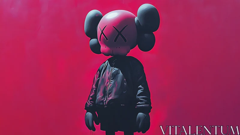 Stylized vinyl figure in bomber jacket against neon magenta field