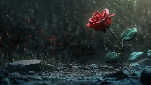 Single red rose glowing with quiet courage in the dark.