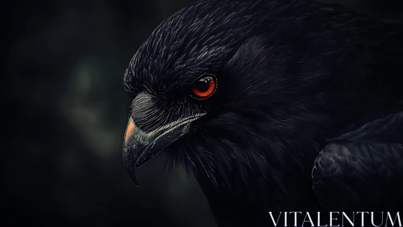 Striking Close-Up of Black Crow with Intense Red Eye in Dark Style.