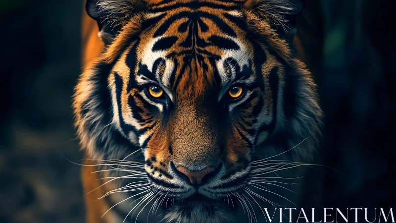 Tiger faces forward with sharp focus and intense gaze