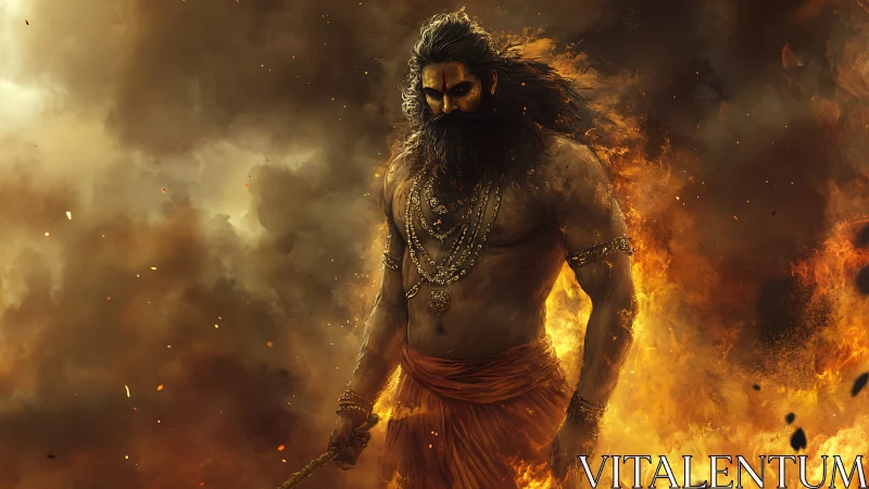 Warrior ascetic stands amid dense flames and swirling smoke