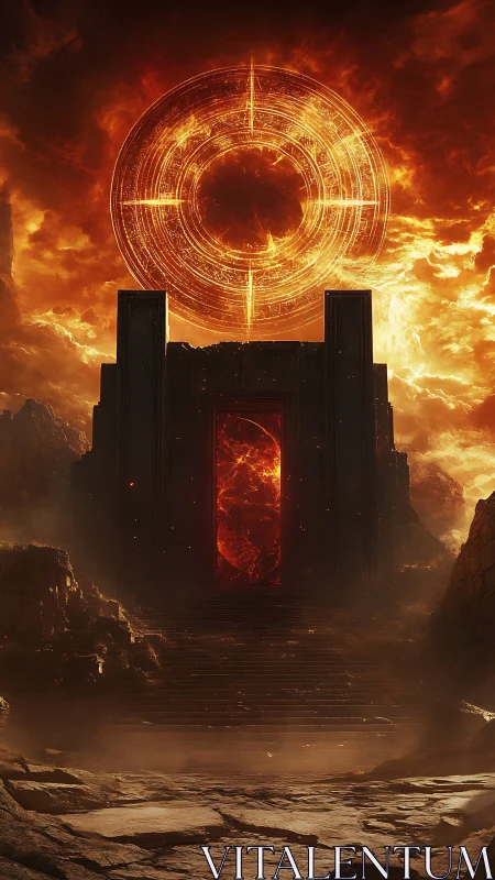 Infernal stone gateway aligns beneath blazing celestial sigil