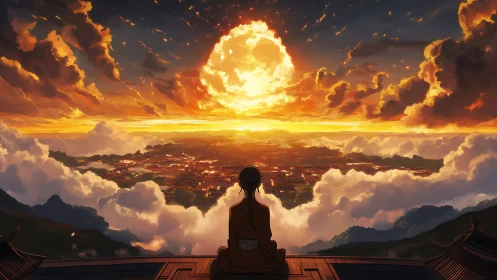 Monk overlooks radiant sunset city above glowing clouds