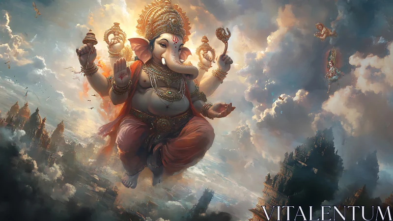 Elephant-headed deity in ornate airborne temple setting.