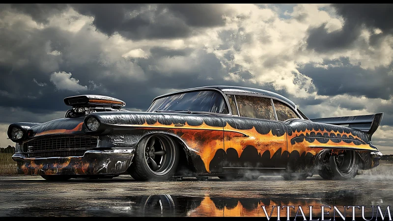 Stormy highway hot rod blazing with retro custom flames.