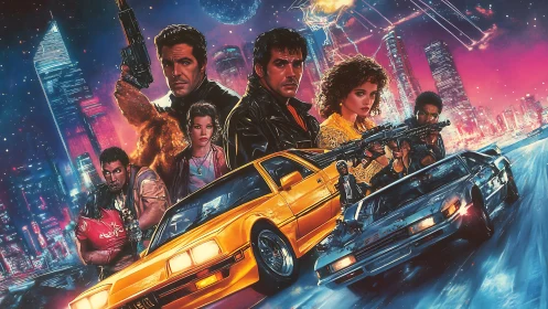 Neon-soaked vigilantes and turbo cars in retro skyline poster.