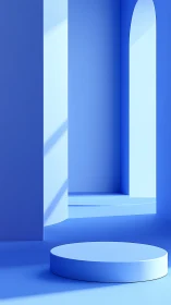Minimalist blue podium stands in serene geometric interior