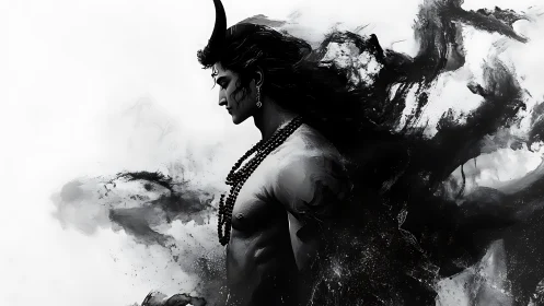 Monochrome horned male figure with dissolving abstract form.