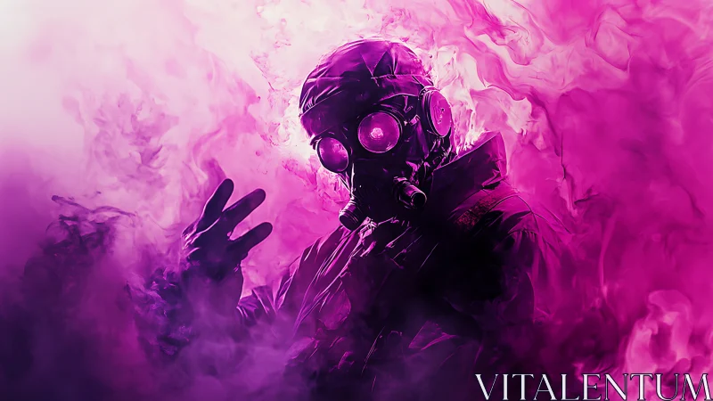 Tactical gas-mask operator in dense neon magenta smoke field