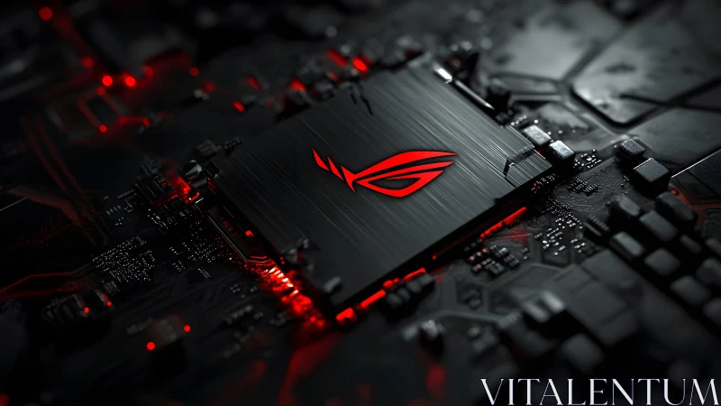 Futuristic Gaming Chipset With Red LED Lights, Macro Digital Art.