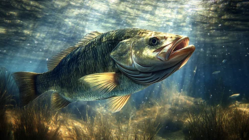 Large freshwater fish swims in illuminated underwater scene