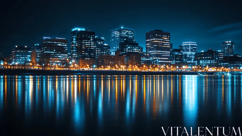 Cozy blue city skyline glowing softly over calm water.