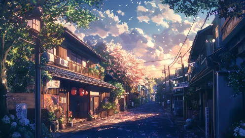 Twilight-rendered sakura street with lateral depth mapping.