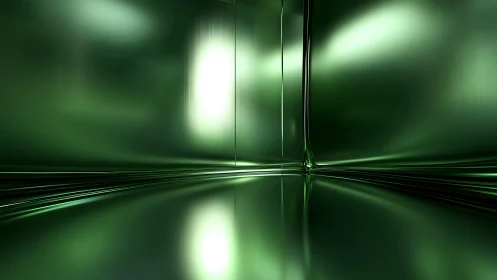 Futuristic Green Metallic Room with Reflective Surfaces, Digital Art.