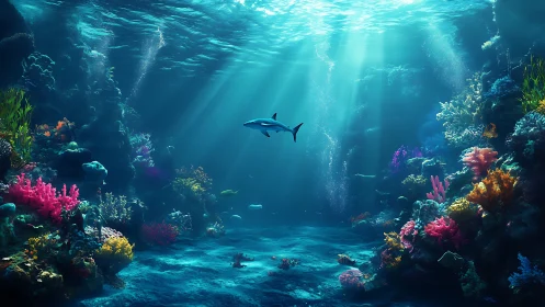 Solitary reef shark drifting through cathedral-blue light shafts.