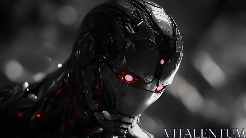 Metallic humanoid robot head glows with red illuminated eyes