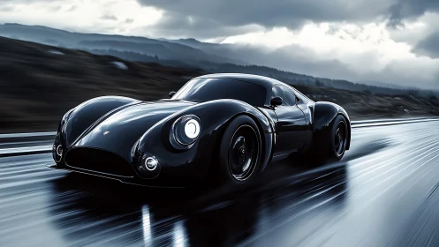 Sleek black sports car glides along a rain soaked open highway