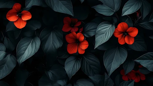 Red Flowers Against Dark Foliage.