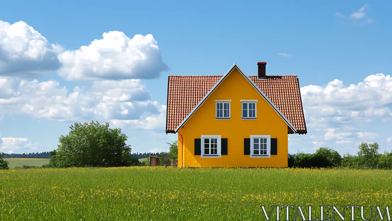 Sunny yellow country house stands in a wide green meadow.