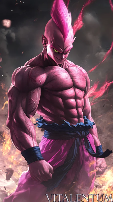 Pink muscular humanoid figure amid flames and smoke.