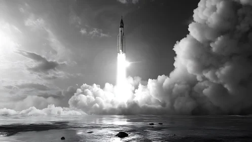 Monochrome rocket ascent through volumetric cloud plumes.