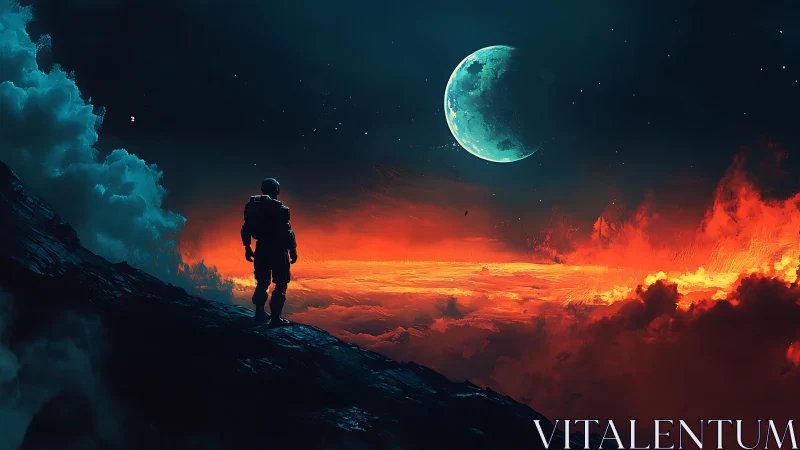 Lone astronaut watches a burning alien horizon under moon