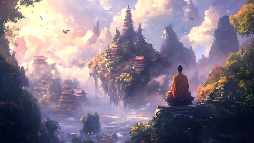 Monk meditating above misty pagoda valley at sunrise