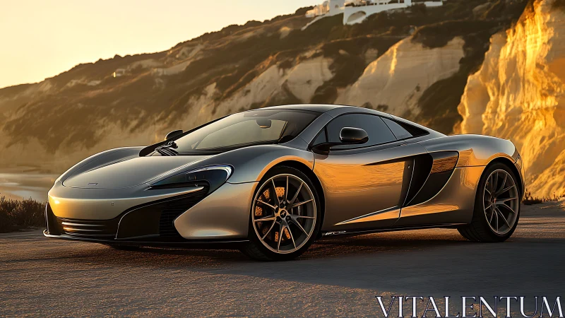 Aerodynamic silver supercar under coastal golden hour light.