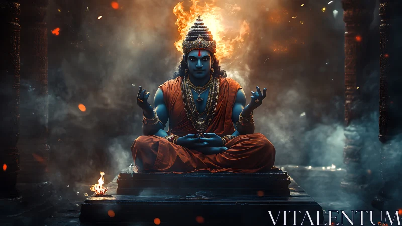 Blue-skinned deity meditating amid fire and smoke.