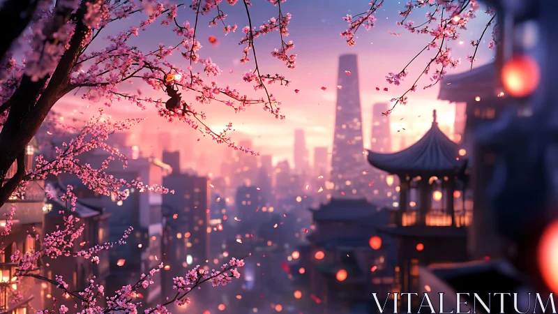 Cherry blossoms frame a lantern-lit cityscape at dusk