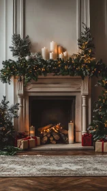 Fireplace glows while evergreen garlands whisper of winter
