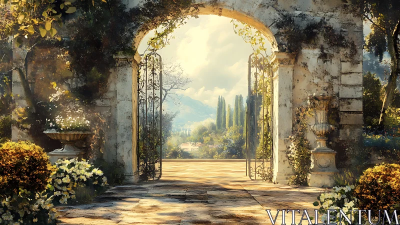Sunlit stone garden arch opening onto distant hills.