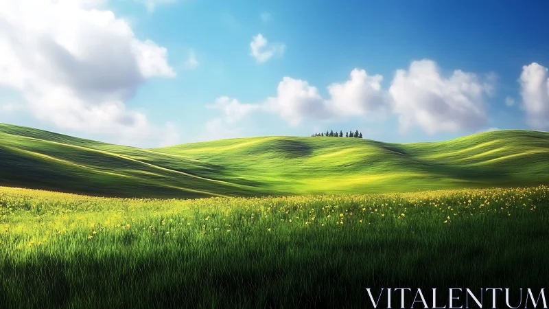 Sunlit rolling meadows with distant trees under vivid sky.