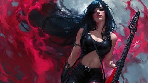 Dark rock guitarist stands against swirling crimson haze